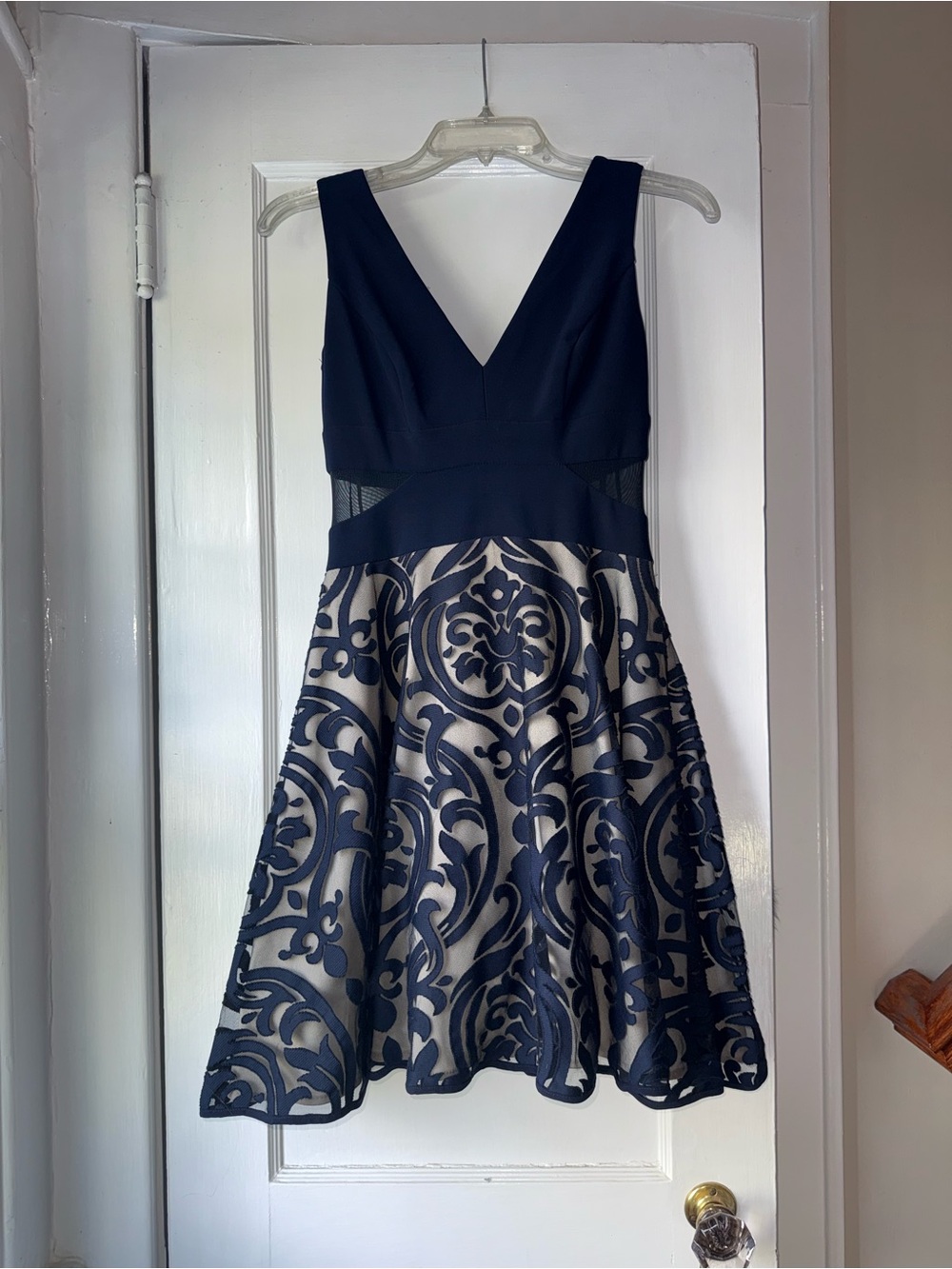 Xscape Navy and Cream V-Neck Fit & Flare Dress